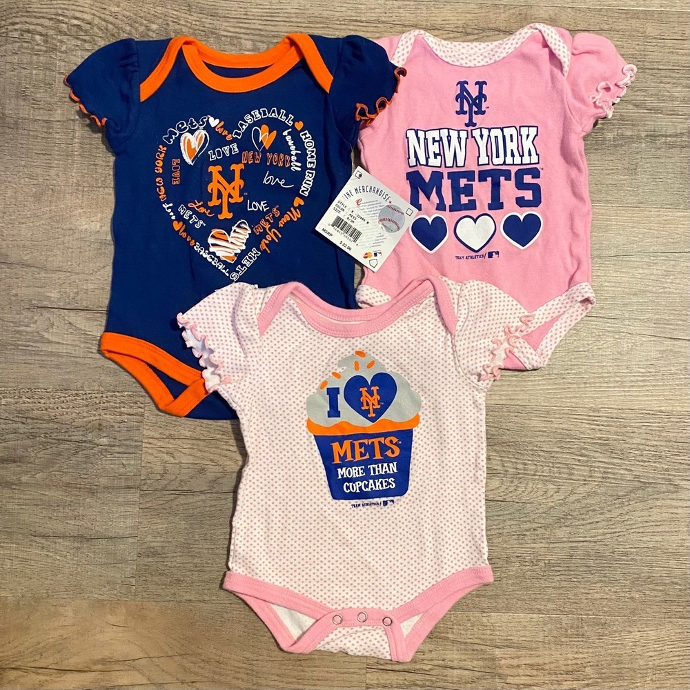 MLB NEW York Mets Baby Girls Bodysuits 3 Pack 0-3M Pink Blue Cupcake Heart Lot